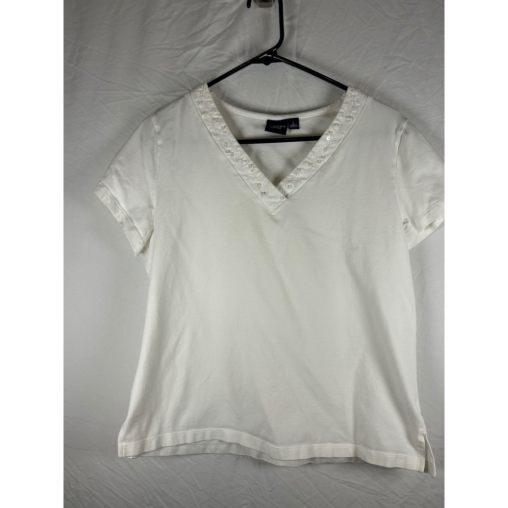 Sonoma Life Style Womens White‎ Embroidered Sequin V-Neck Short Sleeve Top Large